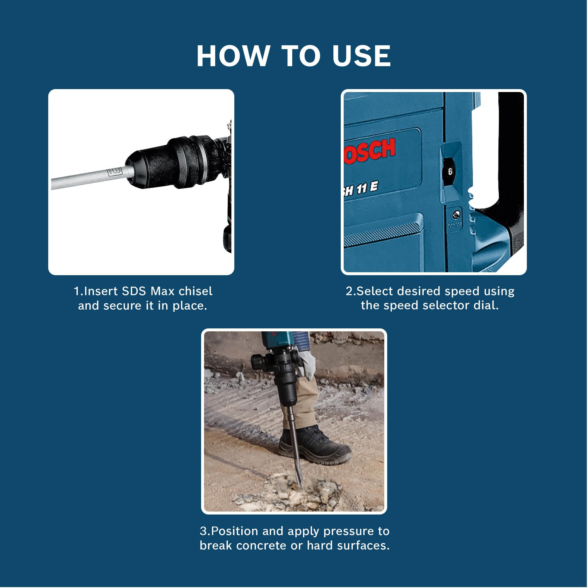 Bosch GSH 11 E Heavy Duty Electric Demolition Hammer with SDS Max, 1,500W, 16.8 J, 10.1 kg, Speed Selection, Vario Lock + SDS Max RTec Sharp Flat & Pointed Chisel, Handle & Case, 1 Year Warranty product image 3