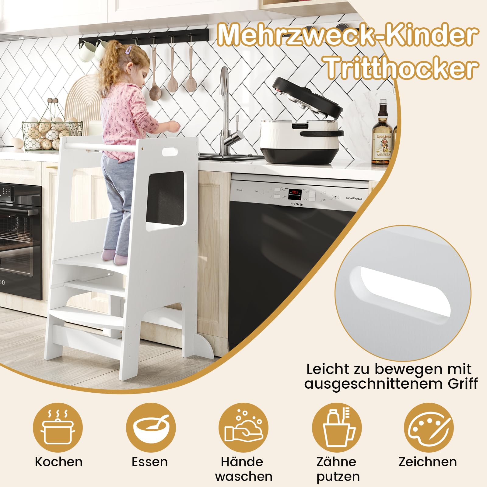 DREAMADE Lernturm ab 1 Jahr, Tritthocker Holz mit doppelseitiger Tafel, Learning Tower Höhenverstellbar, Lernturm Kinder mit Sicherheitsschiene, belastbar bis 60kg (Weiß)
