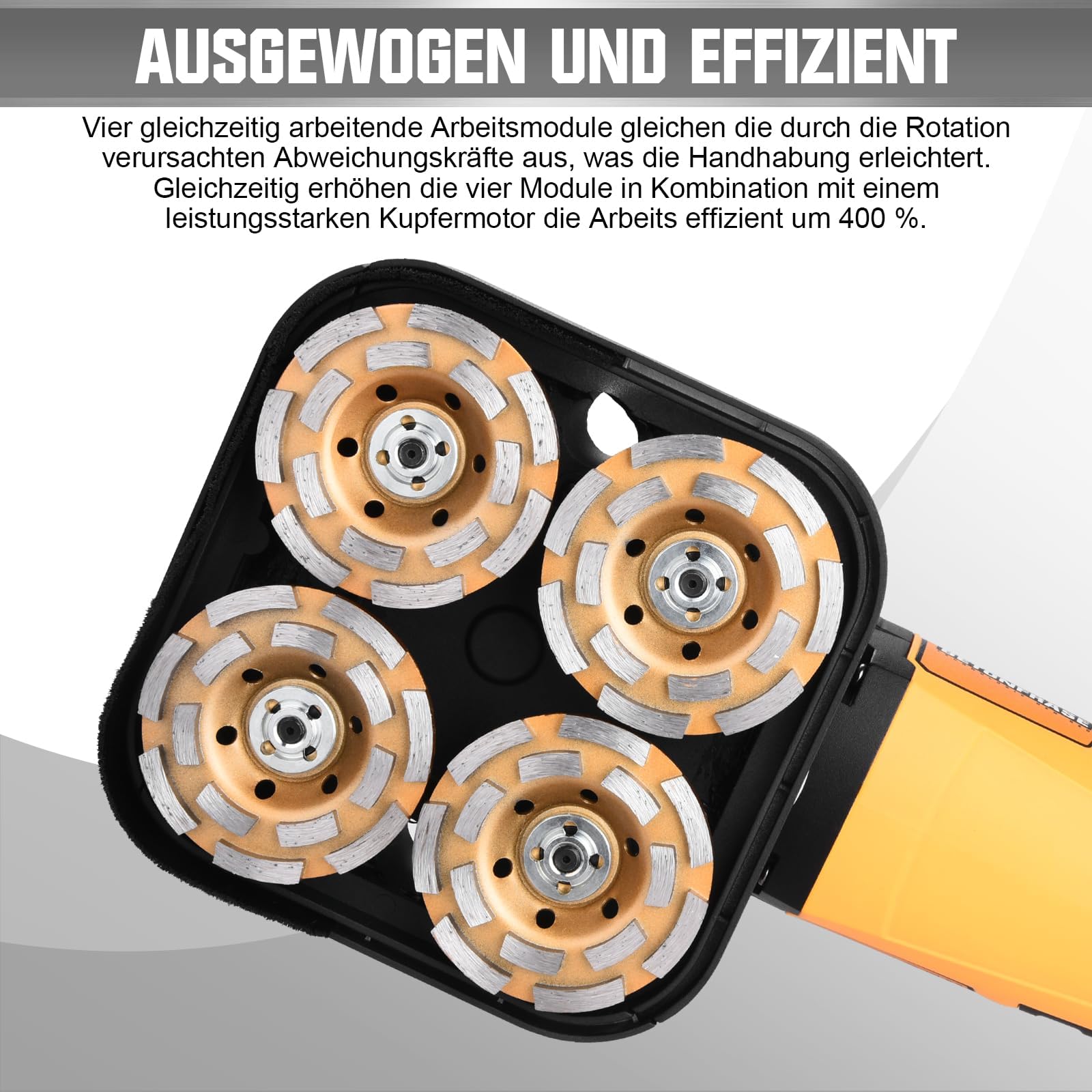 Szlifierka do betonu 3800 W, 4 x diamentowa tarcza szlifierska 100 mm | 6-stopniowa | 6000 obr./m | frezarka kątowa z długim uchwytem, frezarka renowacyjna, frezarka tynkowa, do odklejania betonu