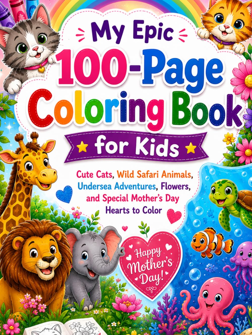 My Epic 100-Page Coloring Book for Kids: Cute Cats, Wild Safari Animals, Undersea Adventures, Flowers, and Hearts to Color.