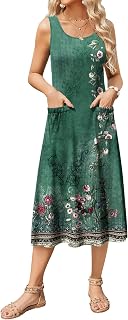 Women's Summer Sleeveless Dress Floral Beach Sundress Casual Crewneck High Waist A-Line Midi Tank Dresses with Pockets