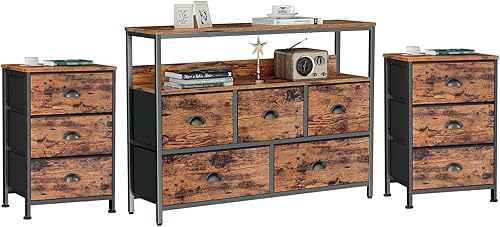 Furologee Mesa de consola para sofá, mesa de consola con estantes, juego de 2 mesitas de noche con 3 cajones de tela, mesa auxiliar alta, para