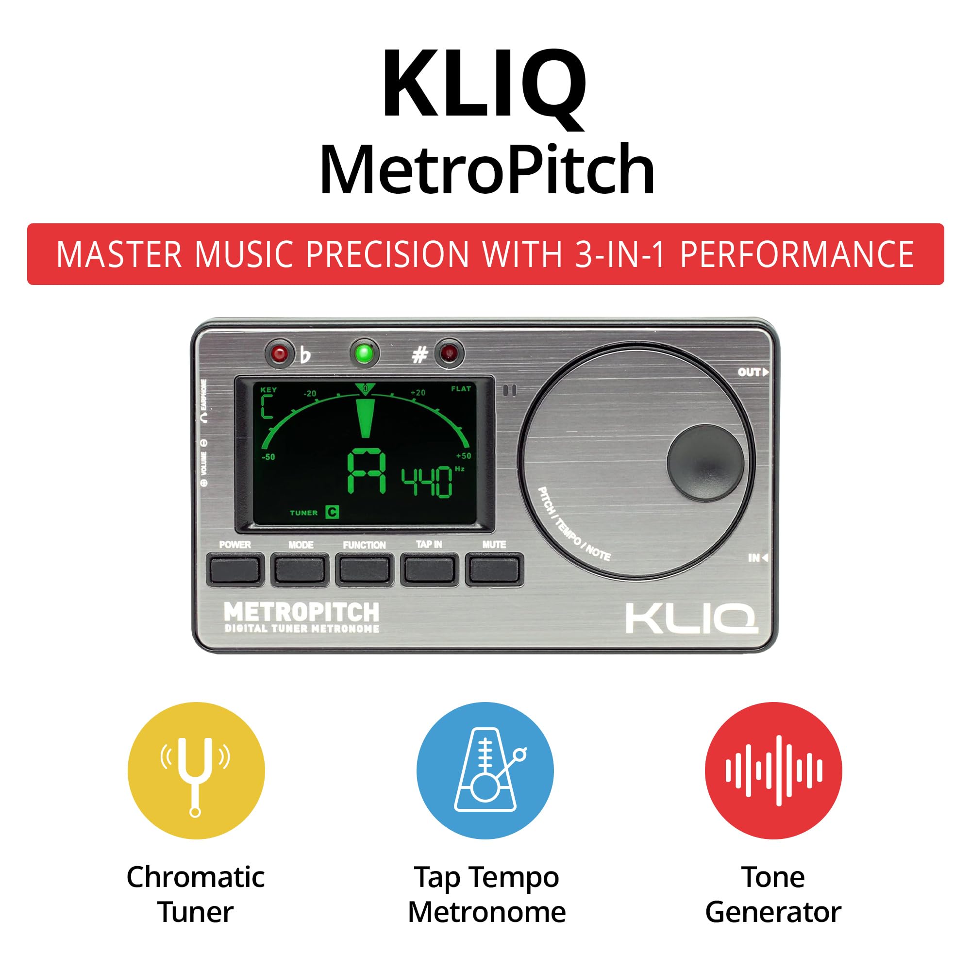 KLIQ MetroPitch - Accordatore metronomo per tutti gli strumenti, con modalità di accordatura cromatica per chitarra, basso, violino, ukulele e accordatura cromatica, generatore di toni, custodia