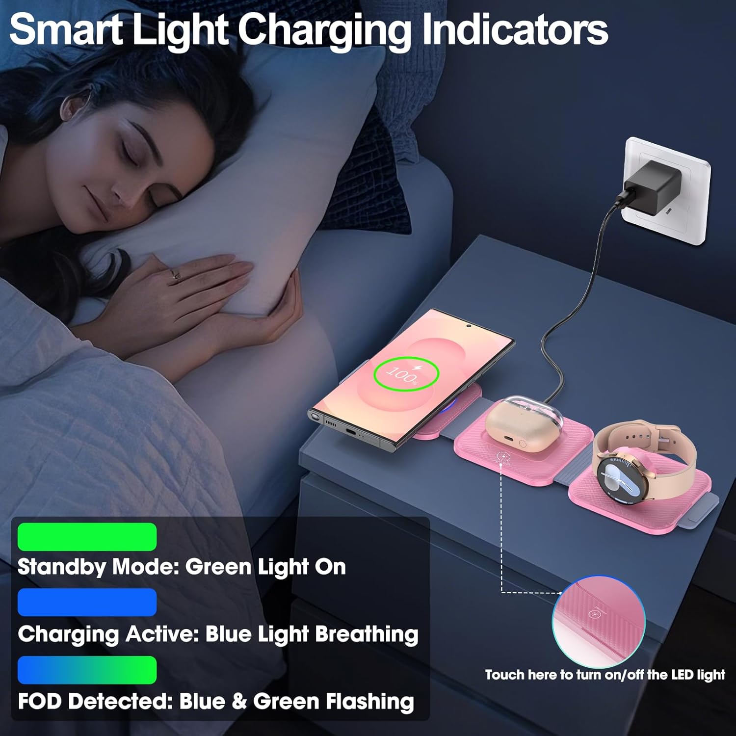 Foldable 3 in 1 Wireless Charger for Samsung Multiple Devices, Travel Wireless Charging Station/Stand for Galaxy S25 Ultra/S24/Z Fold Flip 6/5, Charger Dock Stand for Samsung Watch 7, Buds Pro3（Pink） - Image 3