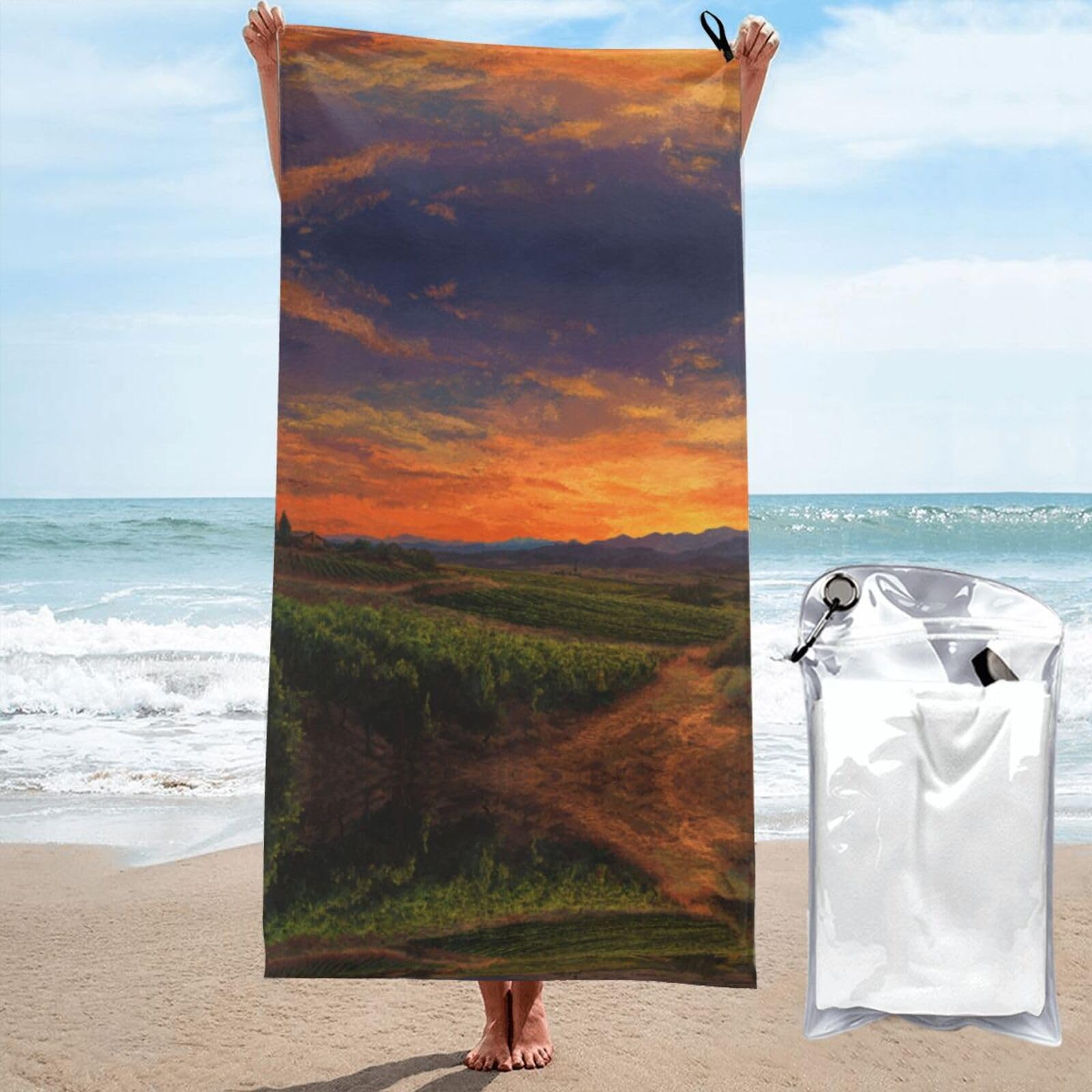 ESNAIUVCD Vineyard Sunset Print Beach Towel, Microfibre Sauna Towel, Quick-Drying Fitness Towel, Lightweight And Thin Portable Sauna Towel