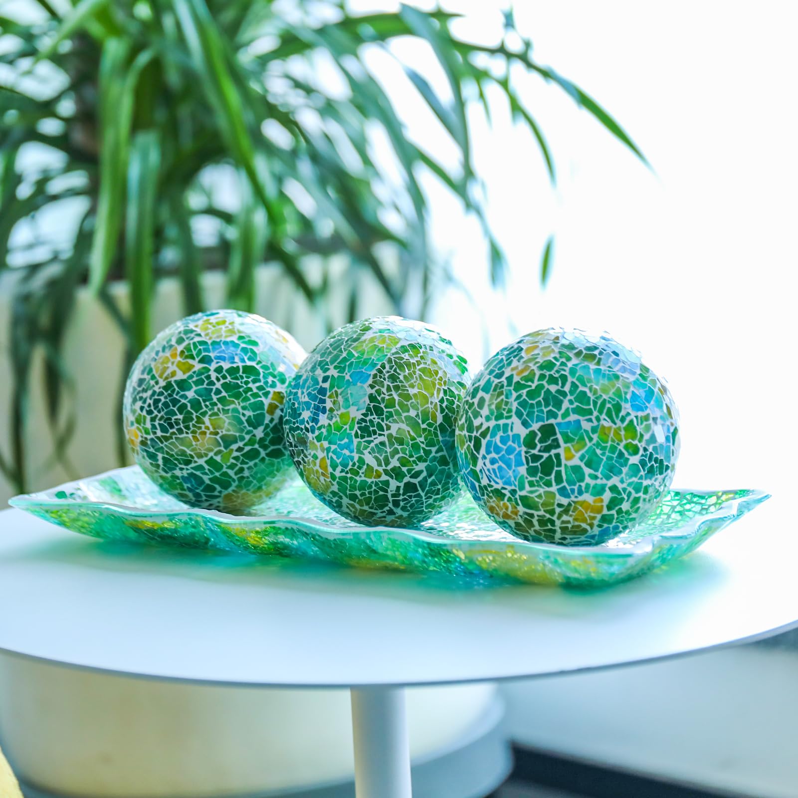 Afirst Decorative Ball and Glass Bowl - 4 Inch Mosaic Sphere Centerpiece Table Decorations with Tray for Coffee Table Decor, Living Room,Dining Table,Party,Wedding Decor