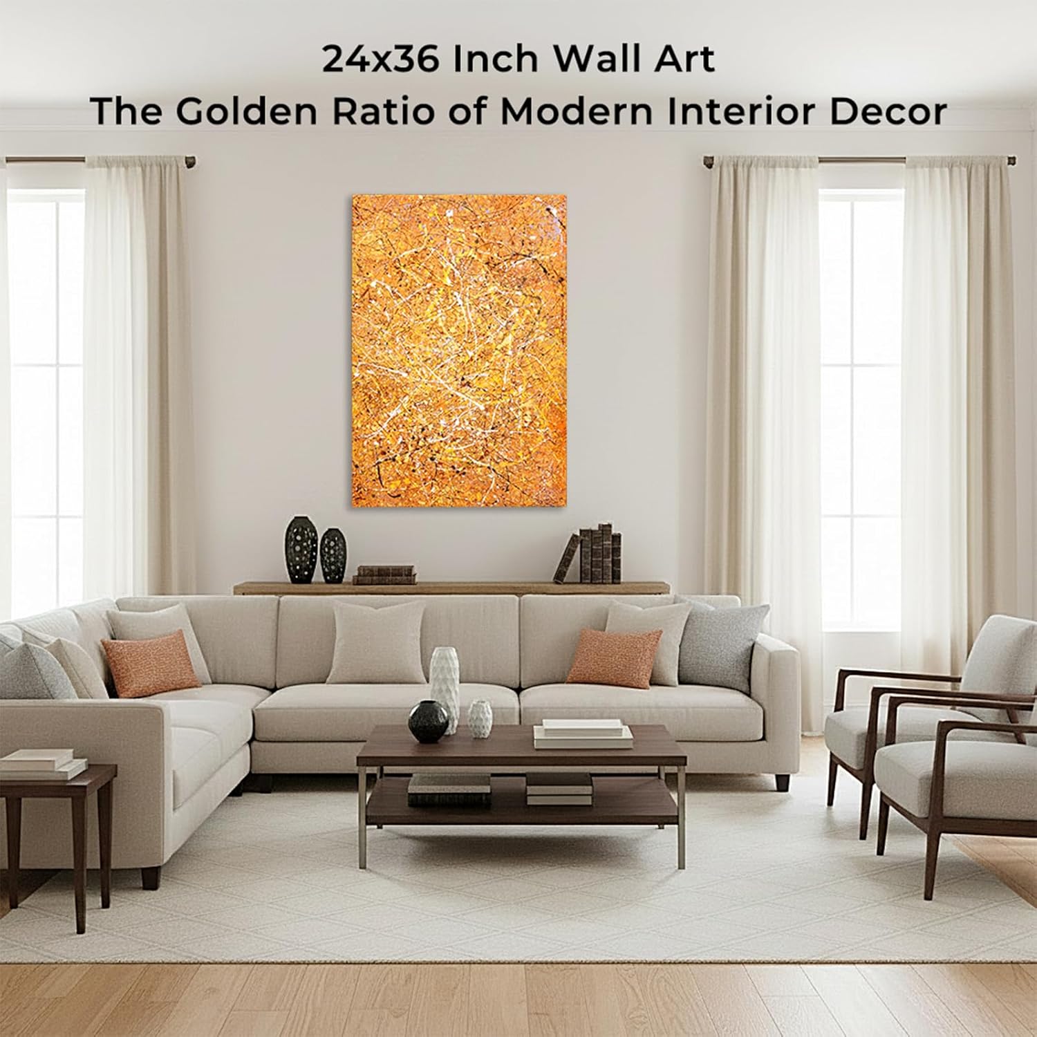 BrushEcho Large 24x36 Inch Hand-Painted Golden Abstract Splatter Oil Painting, Textured Canvas Wall Art with Modern Decor for Living Room Bedroom Office, Ready to Hang