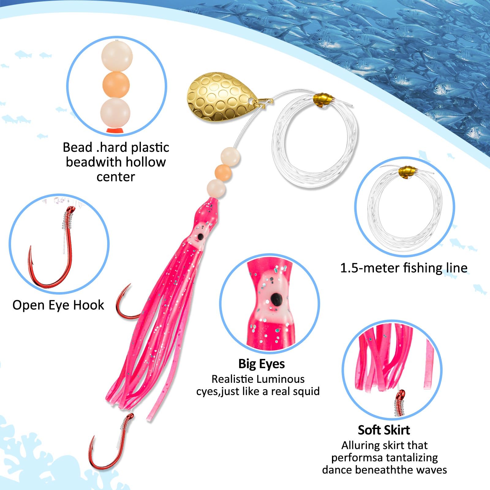 Glow Fresh Water Kokanee Lachs Schleppköder mit vormontierten Octopus-Haken – Spinnklingen, synthetische Röcke, Kokanee Hoochies zum Lachsangeln