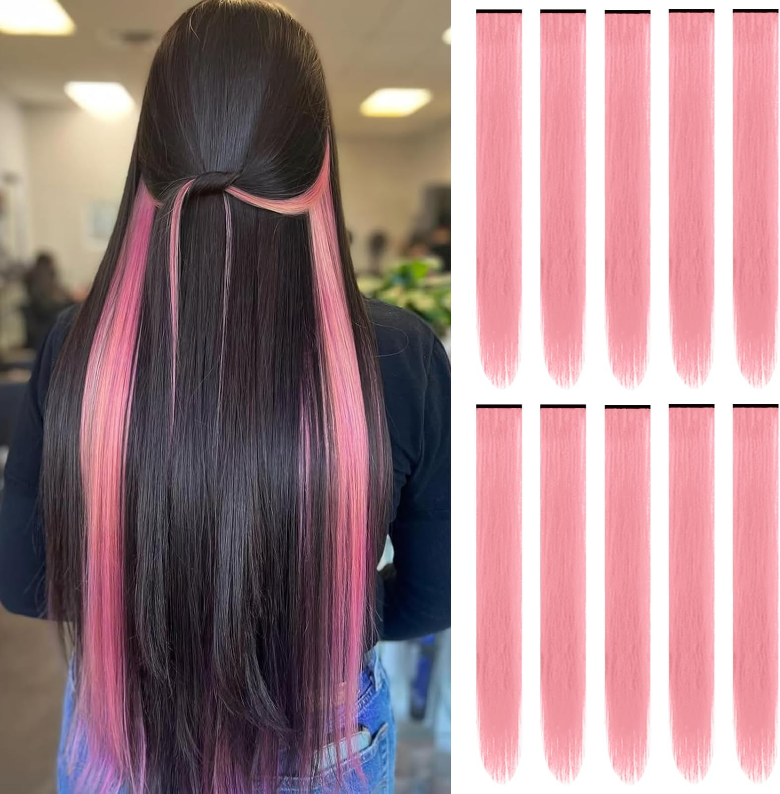 22 inch Pink Hair Extensions, Colored Party Highlights Clip in Long Straight Hairpiece colorful Synthetic Hair Extensions for Kids Girls Women Halloween Cosplay Gift(10 PCS Pink)