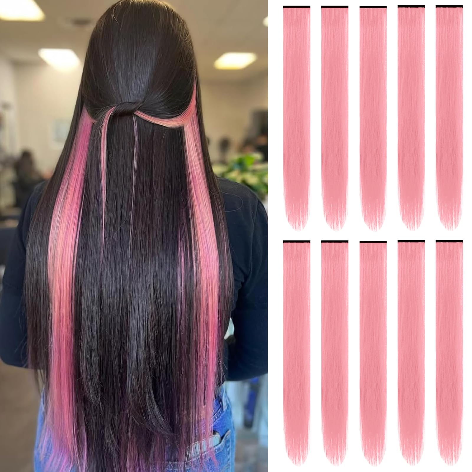 TOFAFA 22 inch Pink Hair Extensions, Colored Party Highlights Clip in Long Straight Hairpiece colorful Synthetic Hair Extensions for Kids Girls Women Halloween Cosplay Gift(10 PCS Pink)