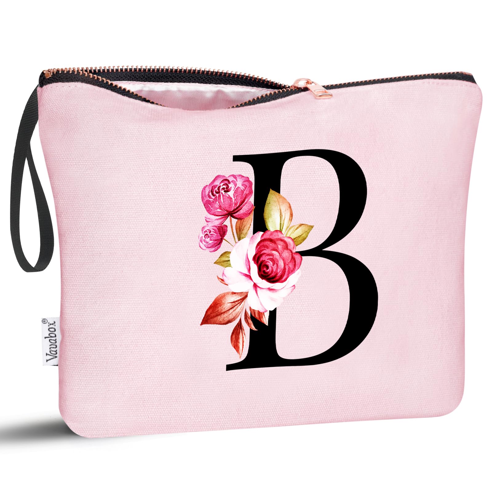 Vavabox A-Z Personalized Makeup Bag, Birthday Gifts for Women Mom, Gifts for Best Friend, Bride Bridesmaid Cosmetic bag (B, Pink)