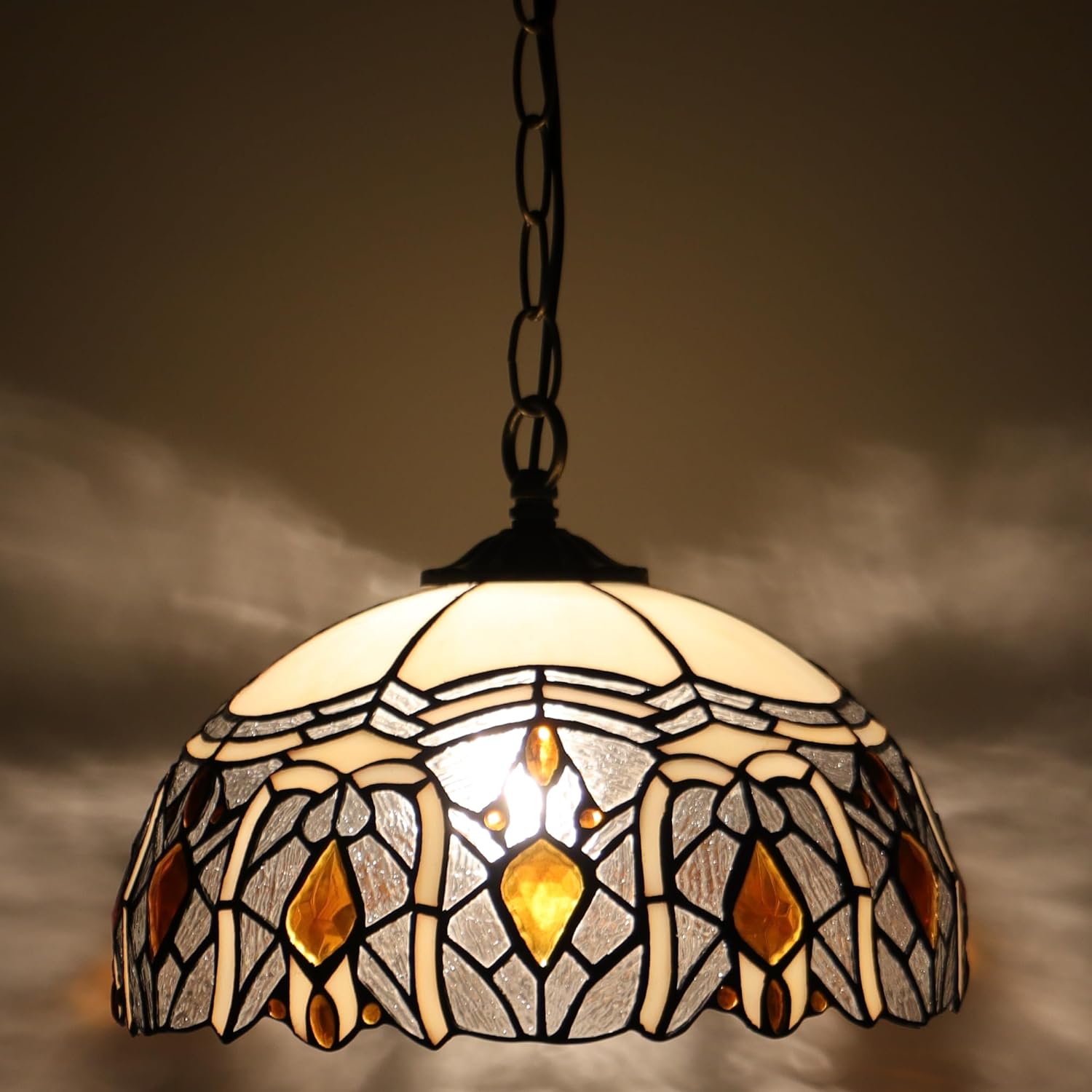 Tiffany Pendant Light Plug in 12 inch Stained Glass Hanging Lamp 39 Inch Chain 15 Feet Cord (Crystal Style)