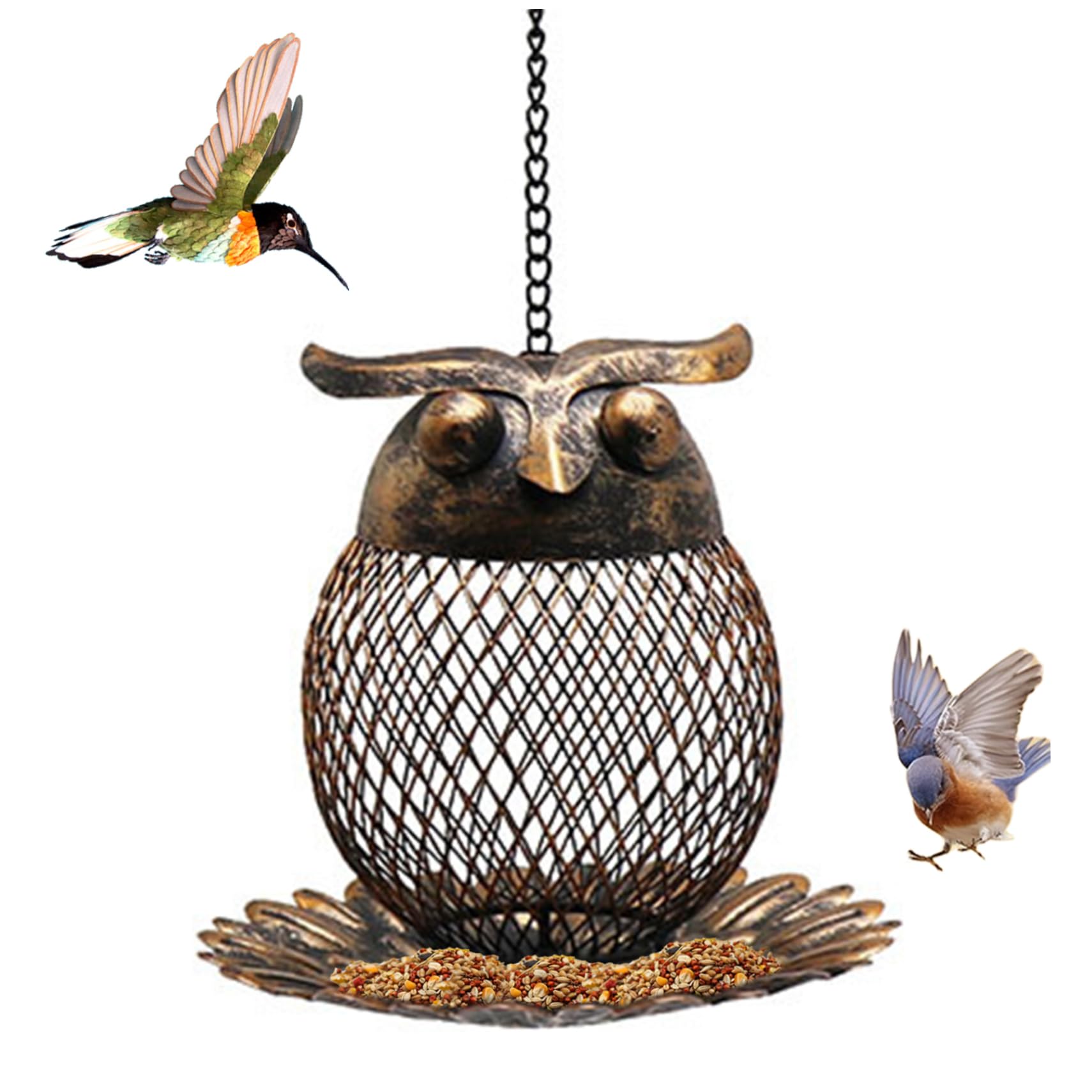 Mangeoire à oiseaux suspendue en métal robuste avec finition noire sculptée en hibou