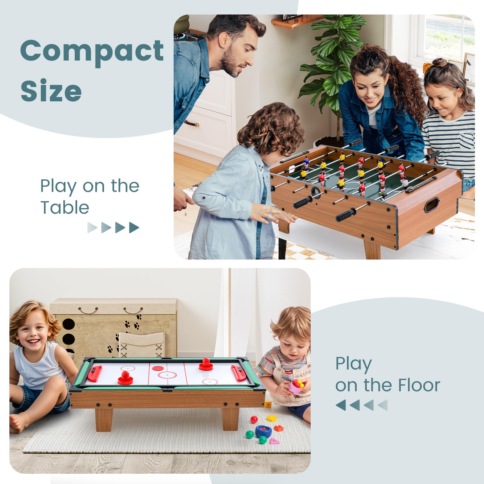 FANTASK Tavolo da gioco 4 in 1 Multifunzione con Manico Antiscivolo, Calcio da Tavolo & Biliardo & Air Hockey & Ping-pong, Calcio Balilla in Legno per Sala Giochi, Bars, Calcio da Tavolo per Bambini