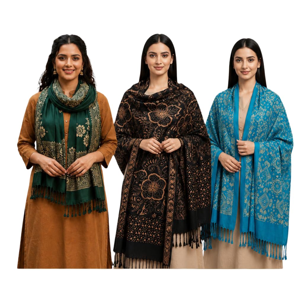 Women's Printed Shawl Stole Wrap with Tassel Fringe, Pack of 3-image-16