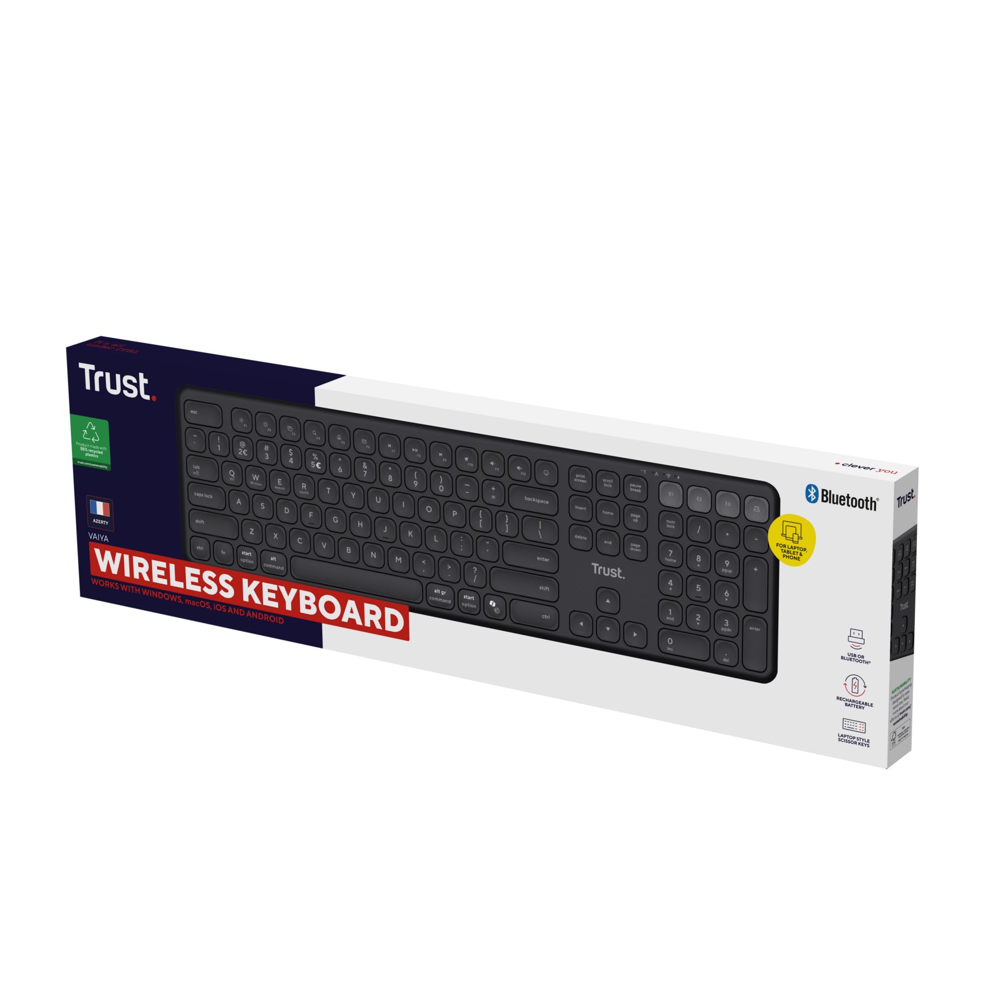 Trust Vaiya Clavier sans Fil Bluetooth + 2.4Gz AZERTY Français, Noir | Clavier Bluetooth Multi-appareils Rechargeable avec Pavé Numerique, 55% Plastique Recyclé, Windows iOS iPadOS Android