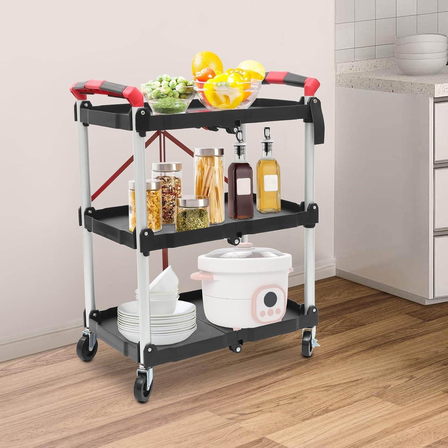 Chariot Utilitaire en Plastique à 3 Niveaux, Robuste et Pliable, avec Roues verrouillables, pour Cuisine ou Cantine.