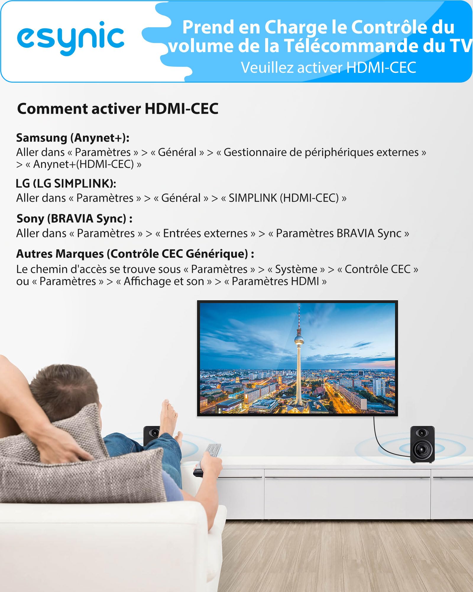 eSynic Câble Convertisseur Audio eARC/ARC vers RCA 192kHz Commande CEC Audio PCM Uniquement Pas de Dolby/DTS Adaptateur HDMI eARC/ARC vers Stéréo Analogique L/R pour TV vers Haut-parleur Amplificateur