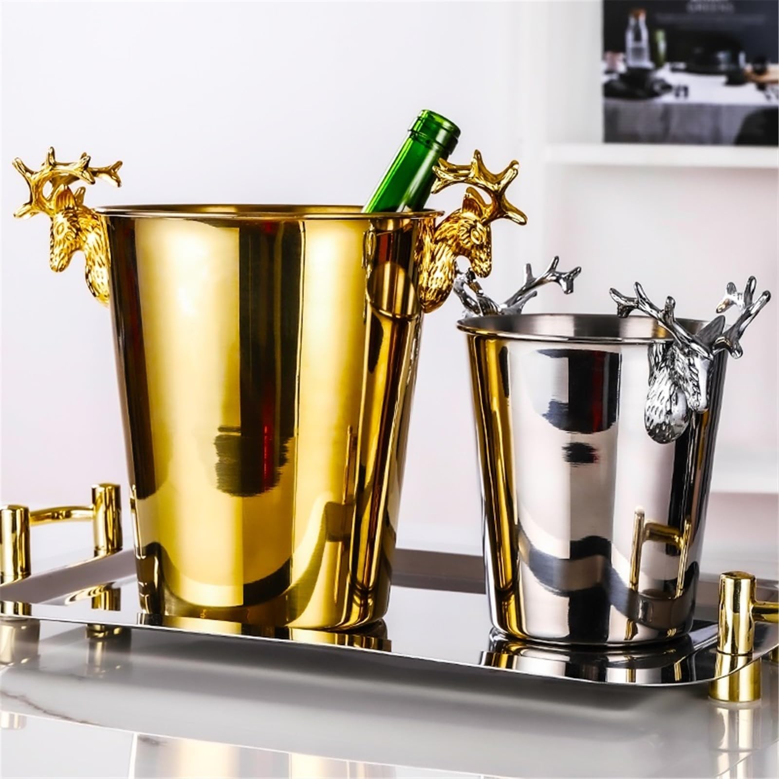 Cubo de Hielo para Bar en casa Cubo de Hielo Creativo Acero Inoxidable, Cubo champán Retro for Bar, Fiesta, Comercial Enfriador de Bebidas y Vino(Gold,Grande)