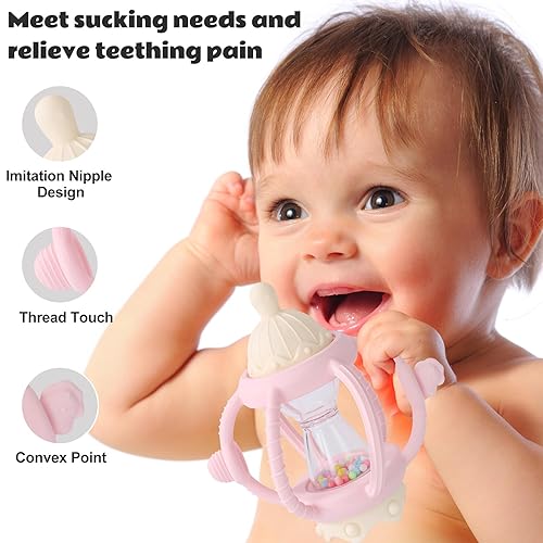 Miniatura 2 de Socub Sonajero para bebés de 0 a 12 meses, agitador sensorial 2 en 1 con chupete y bola de dentición de silicona suave, juguete masticable sin BPA