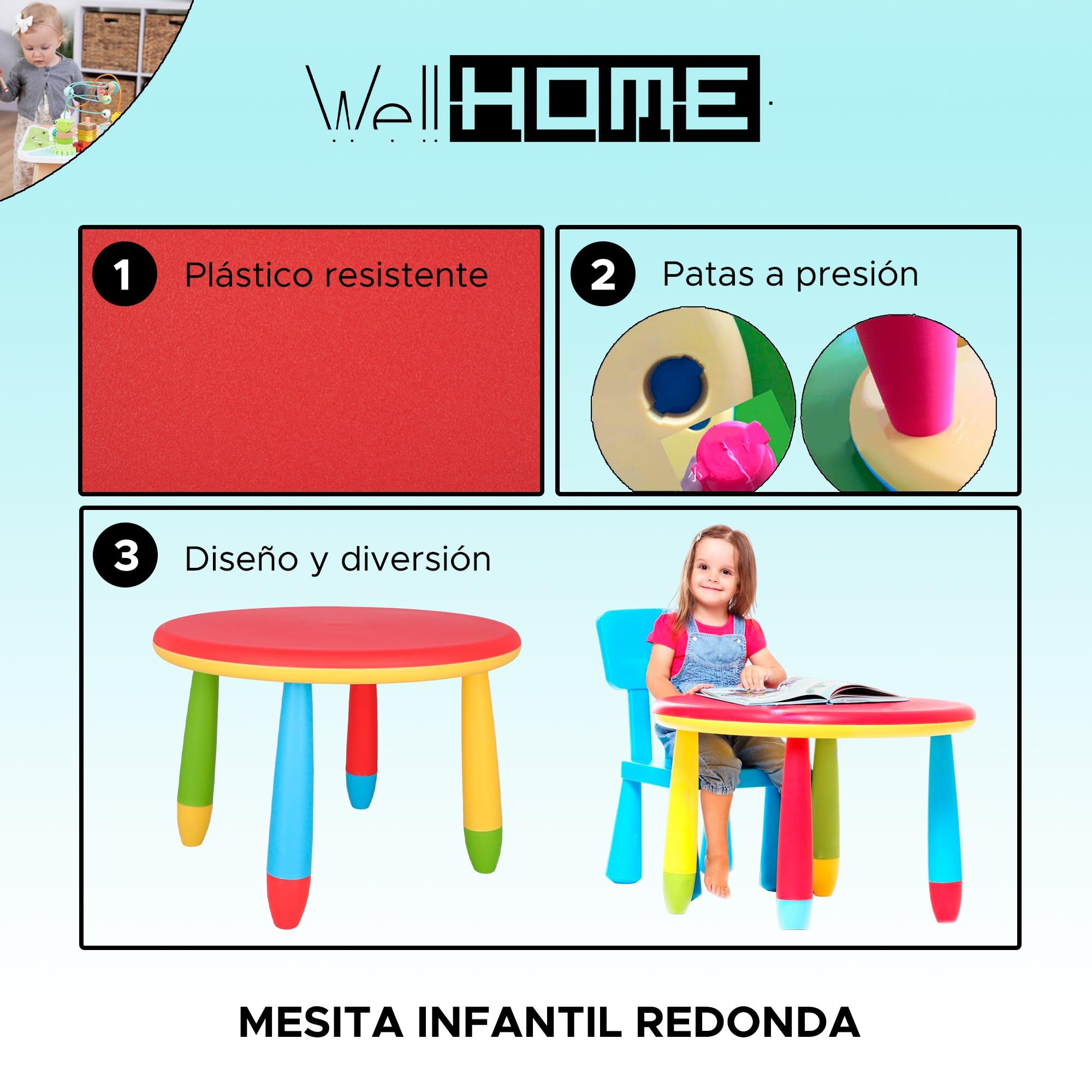 WELL HOME MOBILIARIO & DECORACIÓN Mesita Redonda, 2 Silla Infantil roja, Rojo