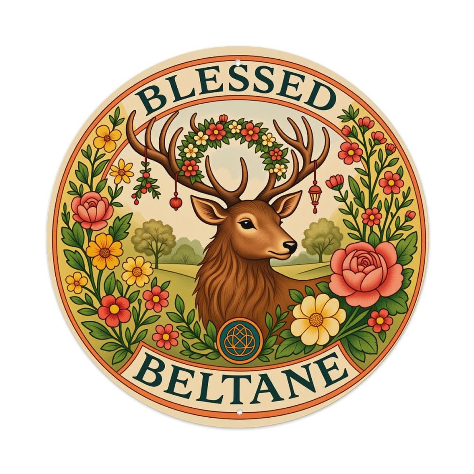Blessed Beltane Deer Floral Wreath Round Tin Sign Vintage Style Metal Sign Home Bar Garden Wall Plaque Decor Metal Poster 8x8 Inch