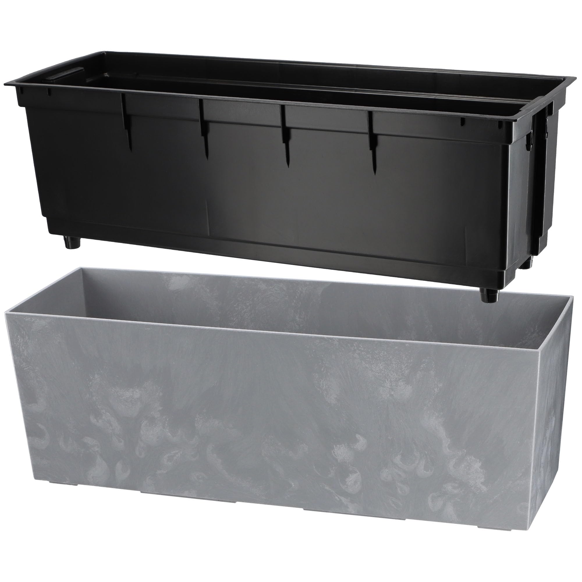 KADAX Blumenkasten 18,5x56 cm, Betonmuster, Grau, mit Einsatz – wetterfester rechteckiger Pflanzkasten für Balkon und Outdoor