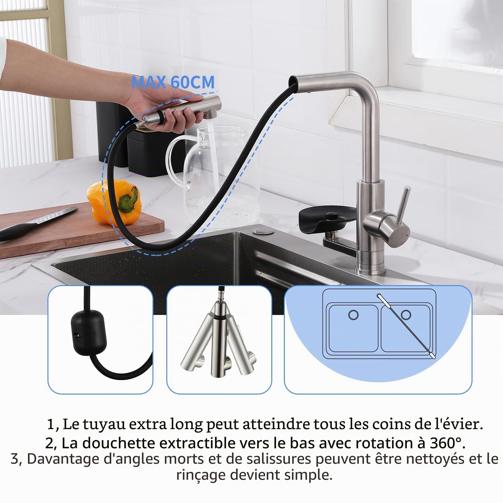 Robinet de Cuisine LakeBay Lave-Verres 360° Rotatif Extensible, Miscelateur Monomandrin Double Jet, Acier Inoxydable 304 Brossé
