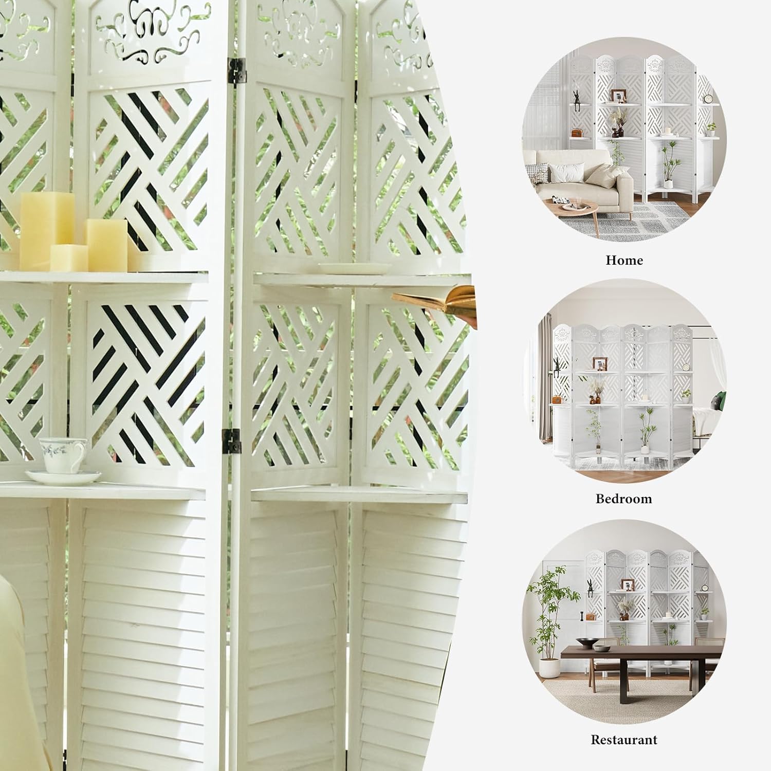 Room divider used in different home settings like living room, bedroom, and restaurant.