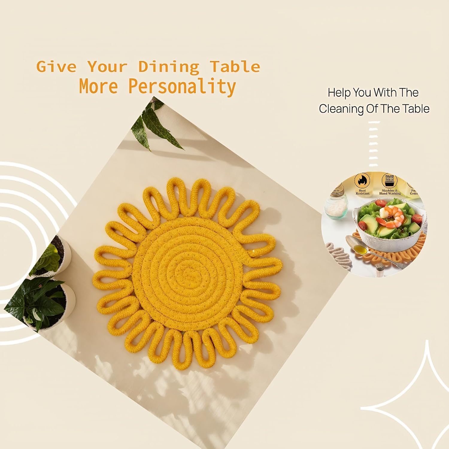 Cotton Trivets for Hot Dishes, Sunflower Design, Yellow, Trivets for Quartz countertops,Heat Resistant Pot Holders, Sunflower Kitchen Decor Round, 7.2 Inch, 2 Pack