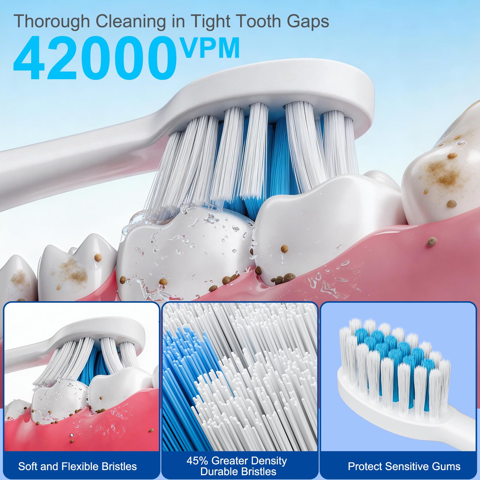Dnil Juego de 3 cepillos de dientes eléctricos sónicos, 42000 VPM vibraciones de alta frecuencia para limpieza profunda, 6 modos de cepillado con temporizador inteligente, 12 cabezales de cepillo de