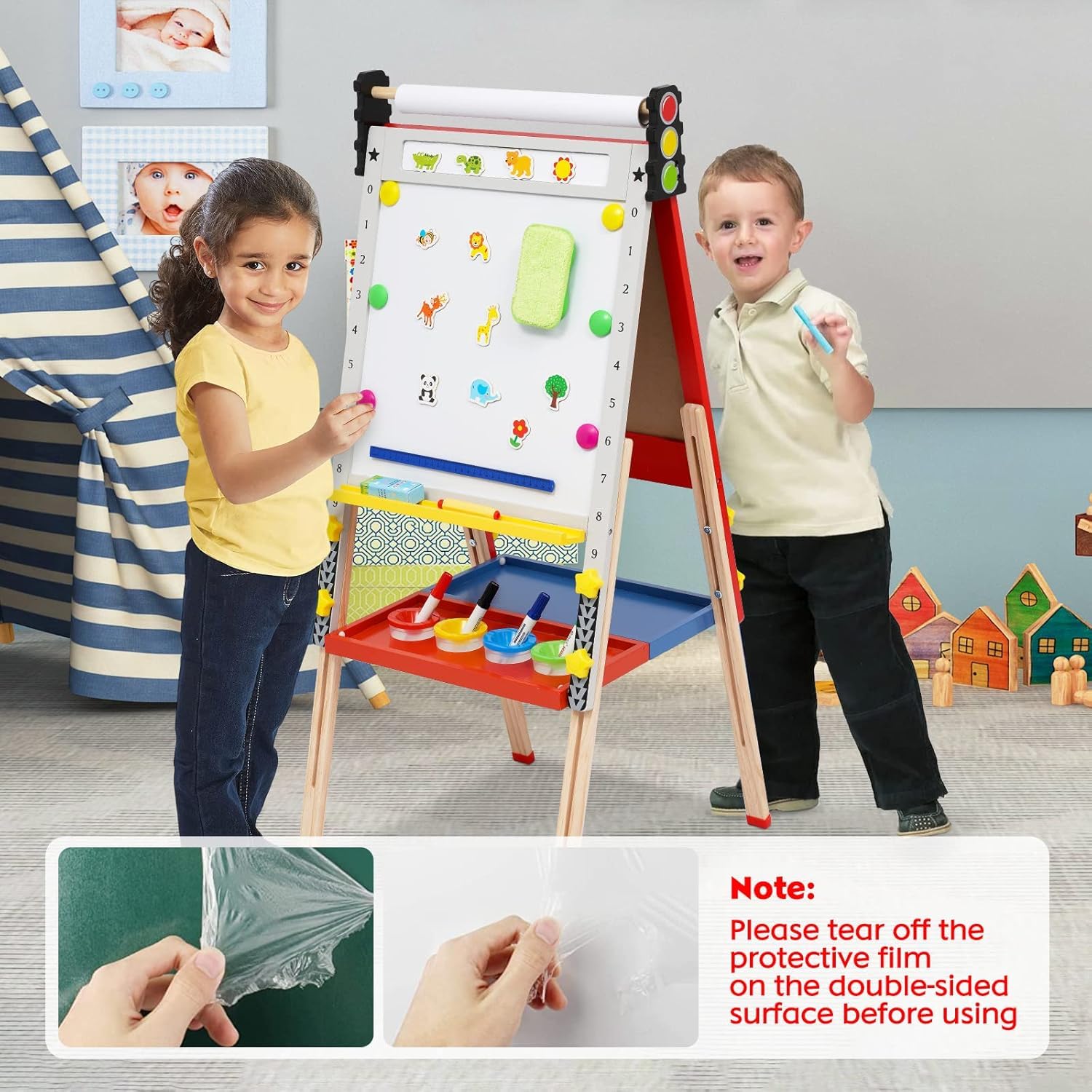 Caballete de madera plegable para niños 3 en 1 con rollo de papel, altura ajustable para niños, fácil con rollo de papel, pizarra blanca y tabla de calcio
