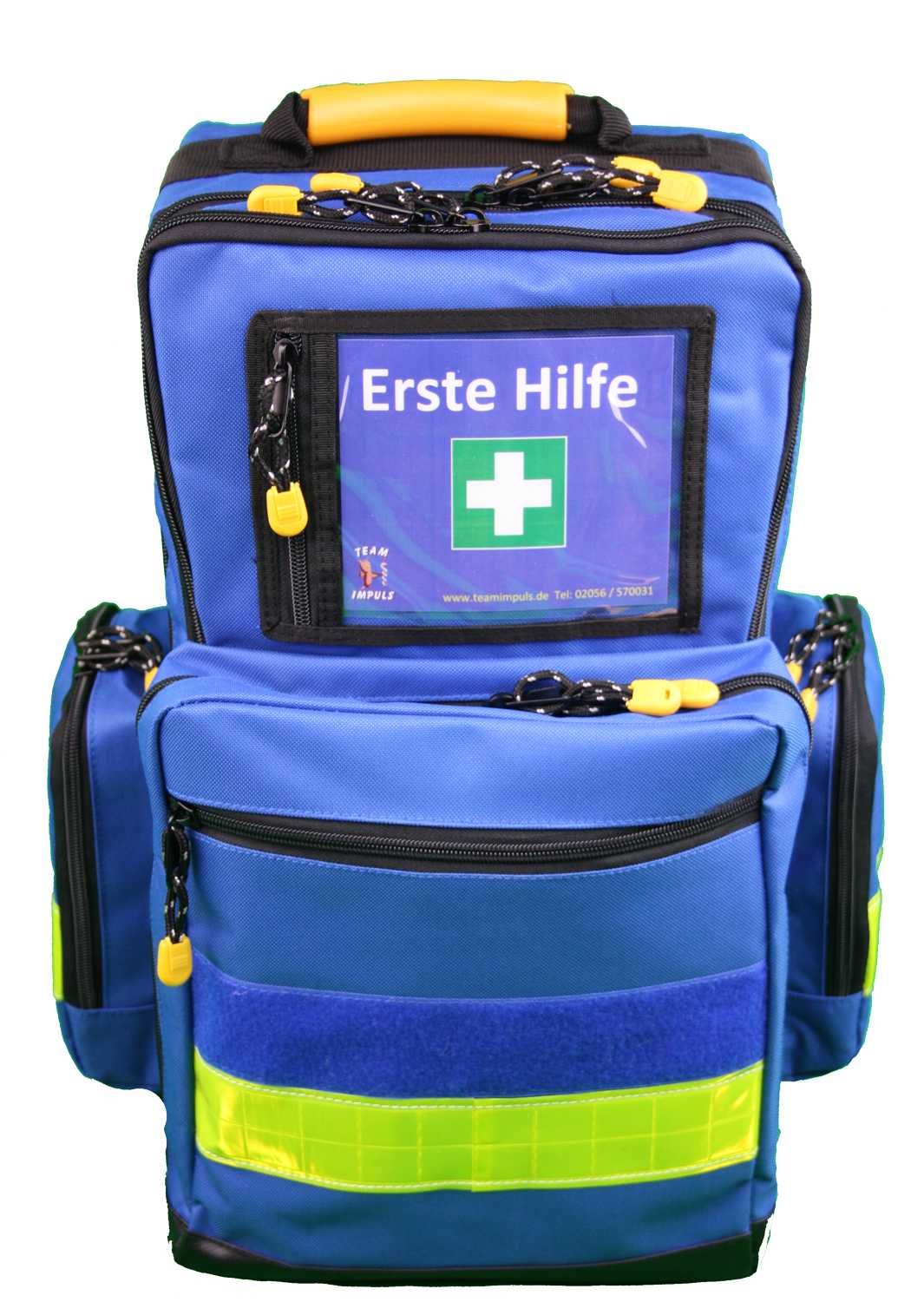 Erste Hilfe Notfallrucksack für Jugendgruppen u. Zeltlager - Nylon blau mit gelben Reflexstreifen von Team Impuls