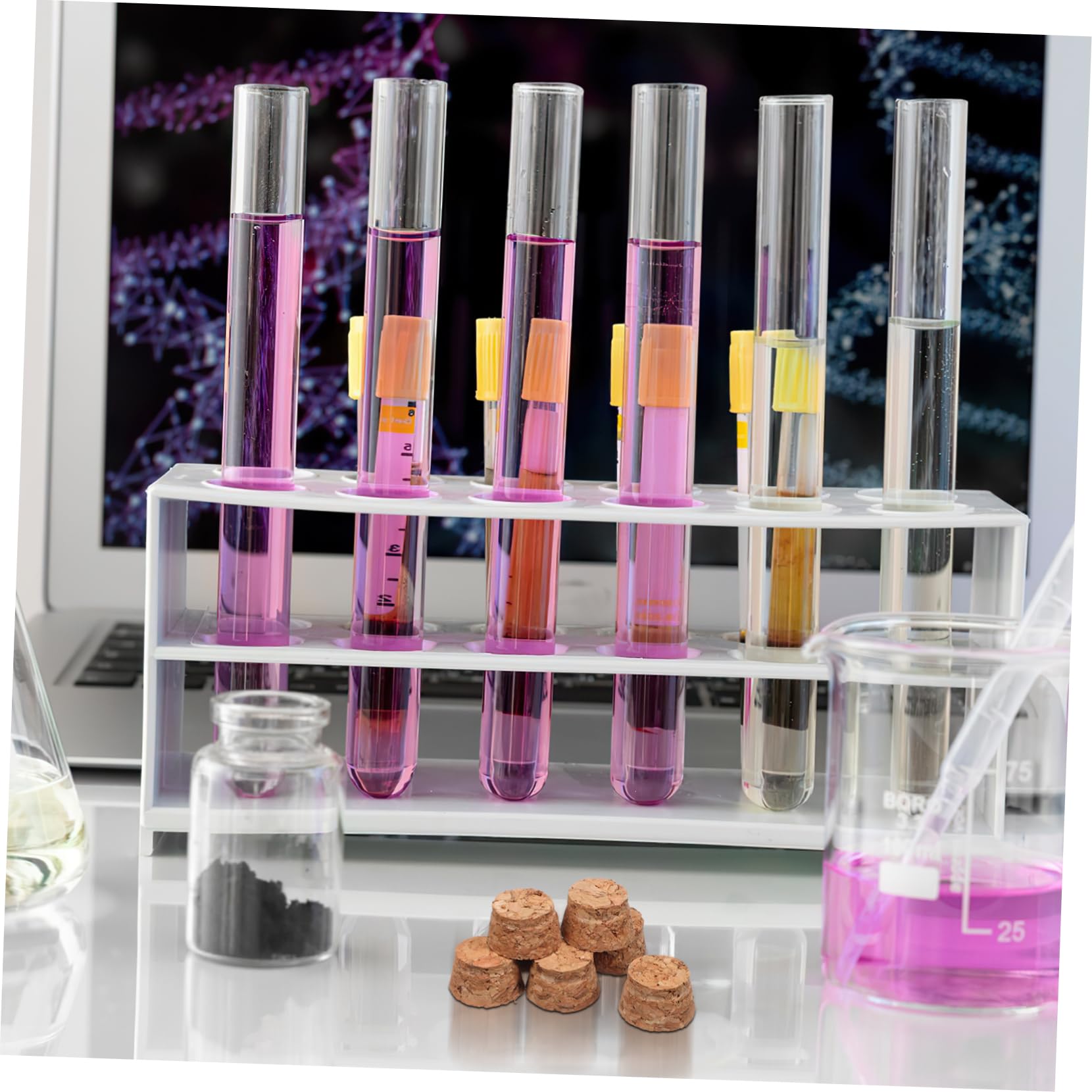 NAMOARLY 16 Pcs Scientific Test Tube Set Glass Lab Tubes Cork Stopper Heatproof Funnel Cleaning Brush Sample Storage