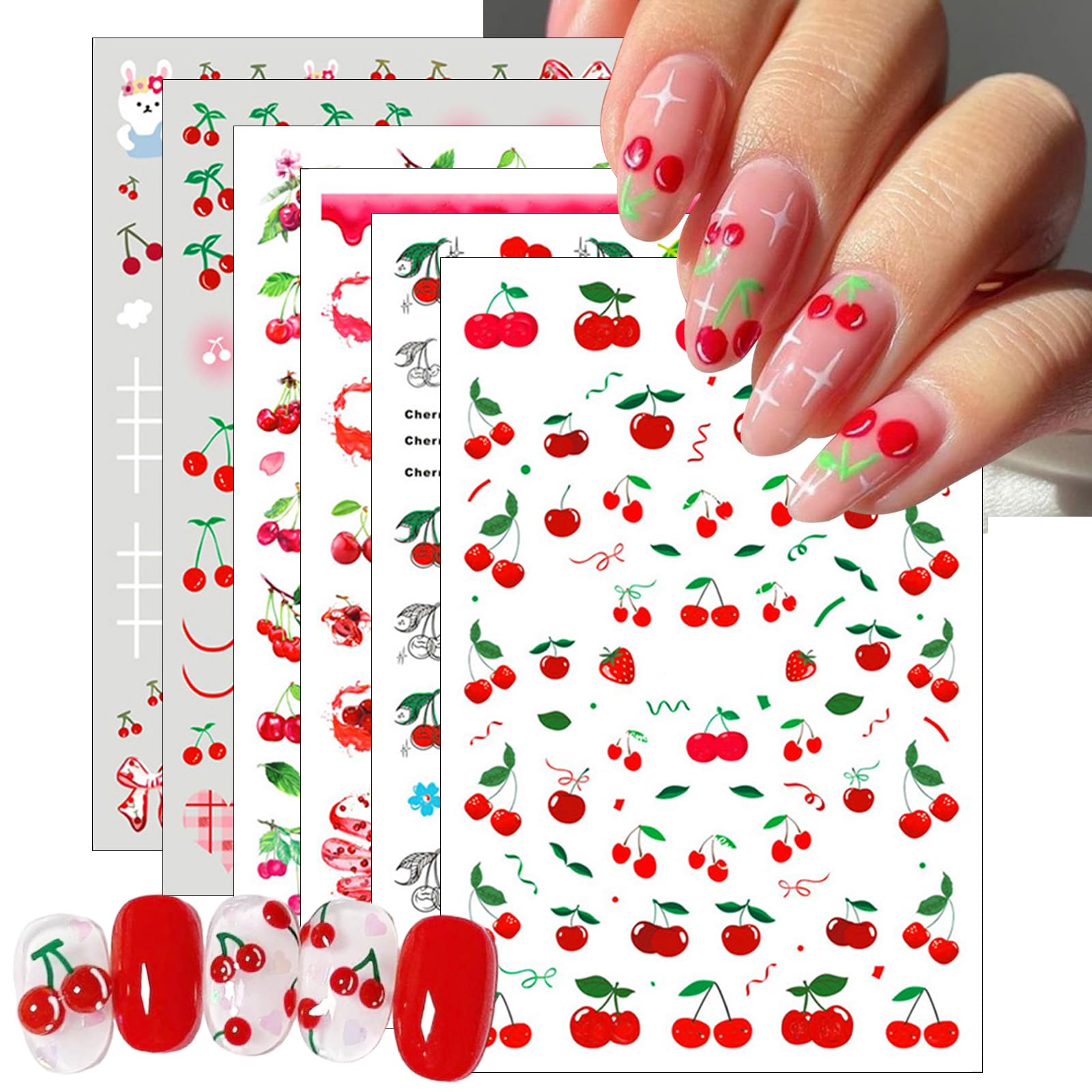 6 Sheets Summer Fruit Nail Art Stickers 3D Self-Adhesive Cherry Strawberry Nail Sticker with Cute Bow Rabbits Design Nail Decals for Women and Girl