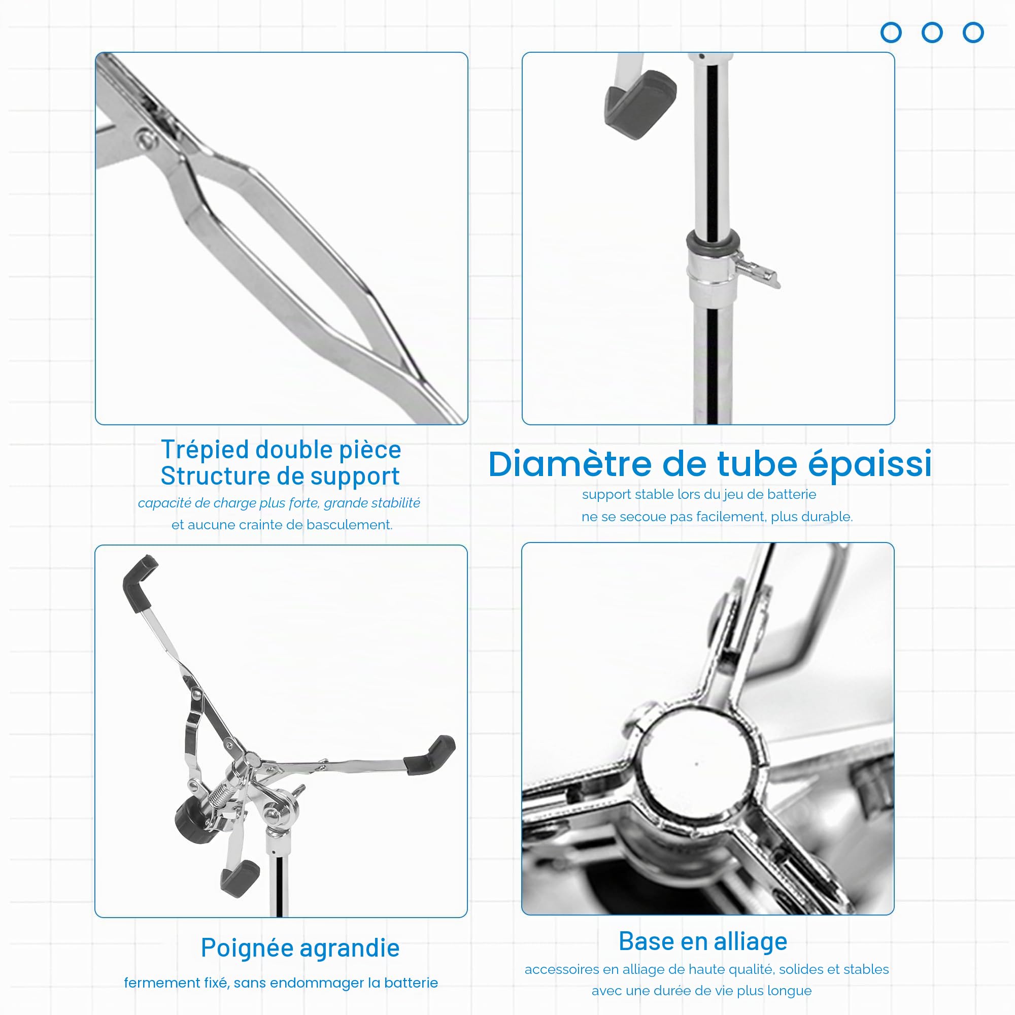 aleawol Support pour caisse claire réglable en hauteur de 40 à 55 cm, angle réglable | Support de tambour à double entretoise pour tambours à langue en acier de 25 à 38 cm