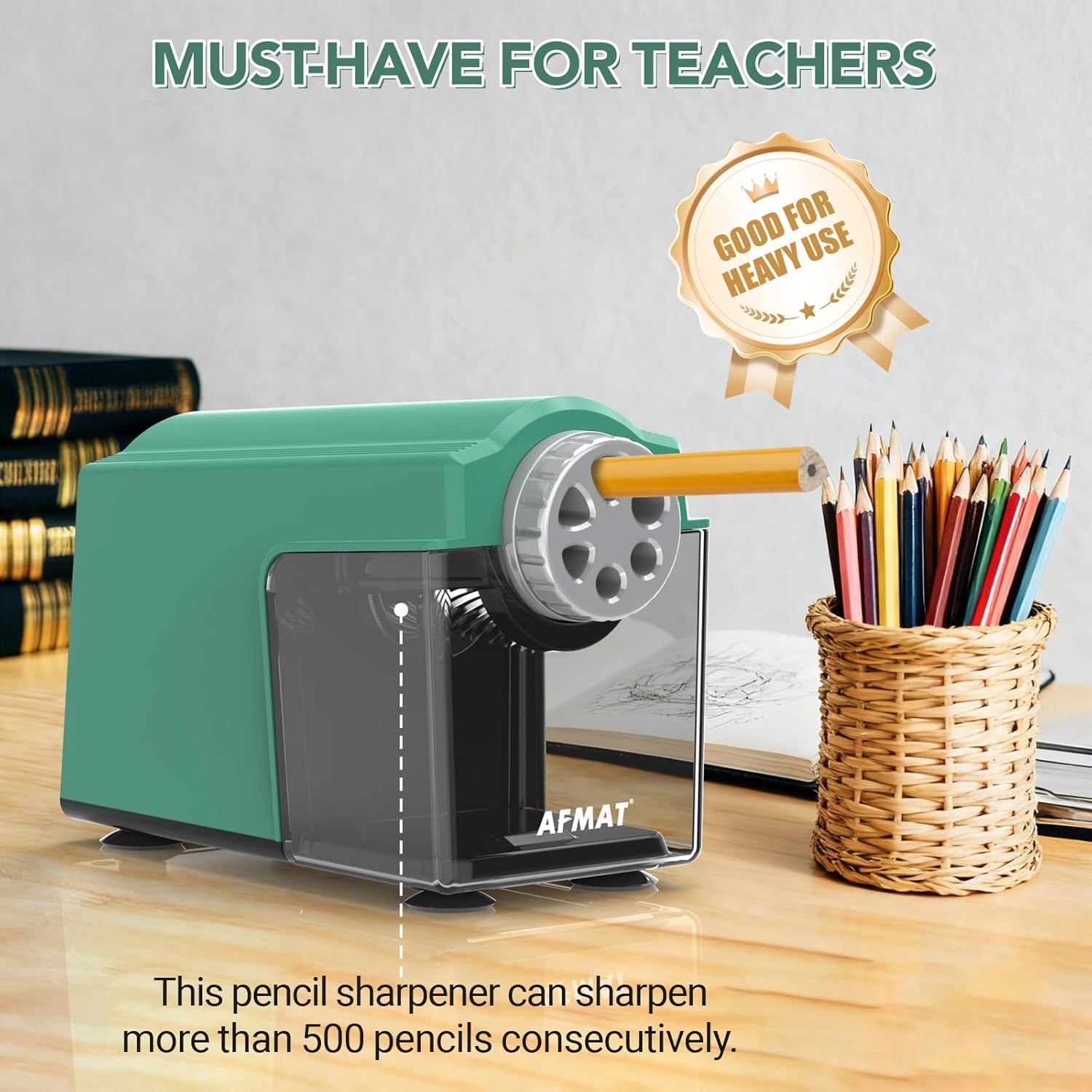 AFMAT Electric Pencil Sharpener with its large, transparent shavings bin and four suction cups on the base.