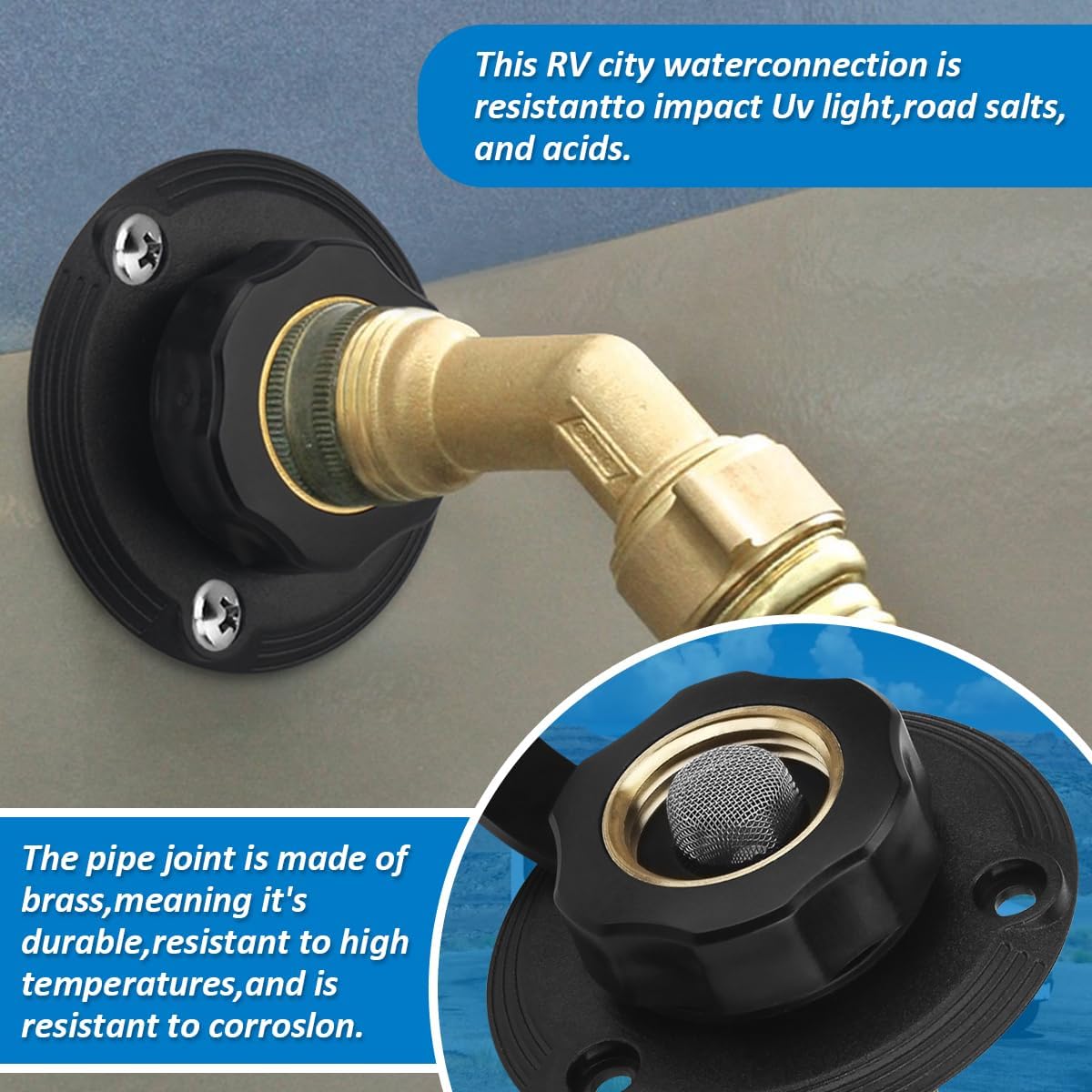 RV Water Inlet Connection City Water Fill Inlet Flange Brass,RV City Water Fill Inlet Plastic Flange with Check Valve Camper Black