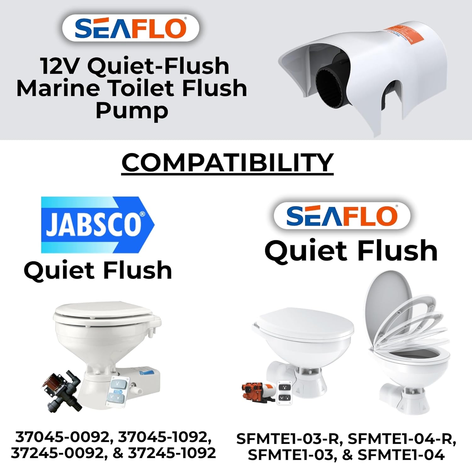 Image illustrating compatibility with Jabsco Quiet Flush and SEAFLO Quiet Flush toilet systems, showing specific model numbers.