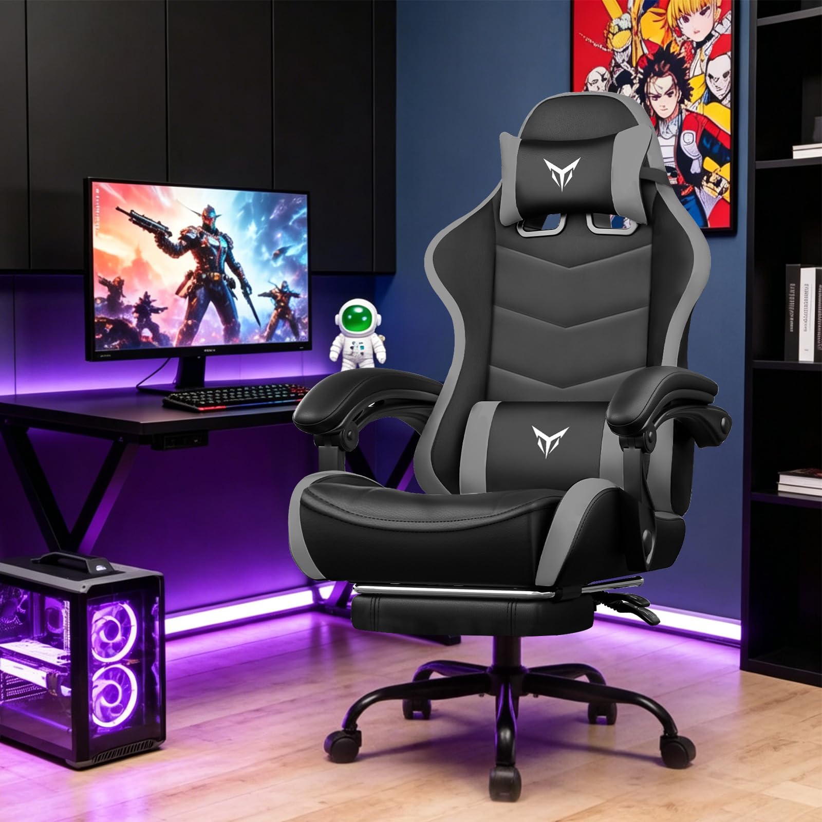GTPLAYER Gaming Chair for Adults, Big and Tall 300LBS Heavy Duty Office Chair with Footrest, Ergonomic High Back Lumbar Support and Wide Comfy Cushion with Linkage Armrests for Home Office, Grey