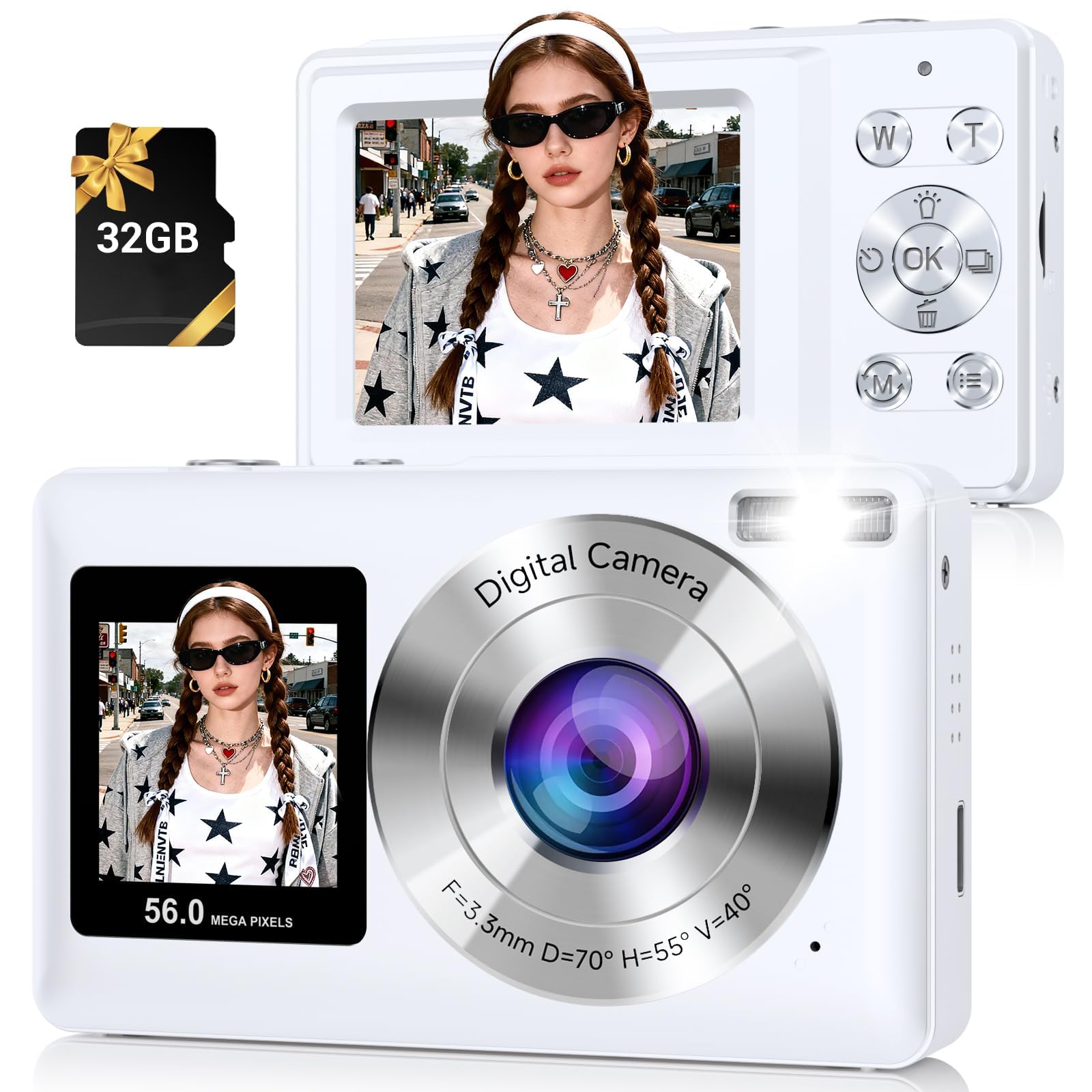 Digital Camera, 56MP Point and Shoot Camera with 32GB Card for Kids Teens