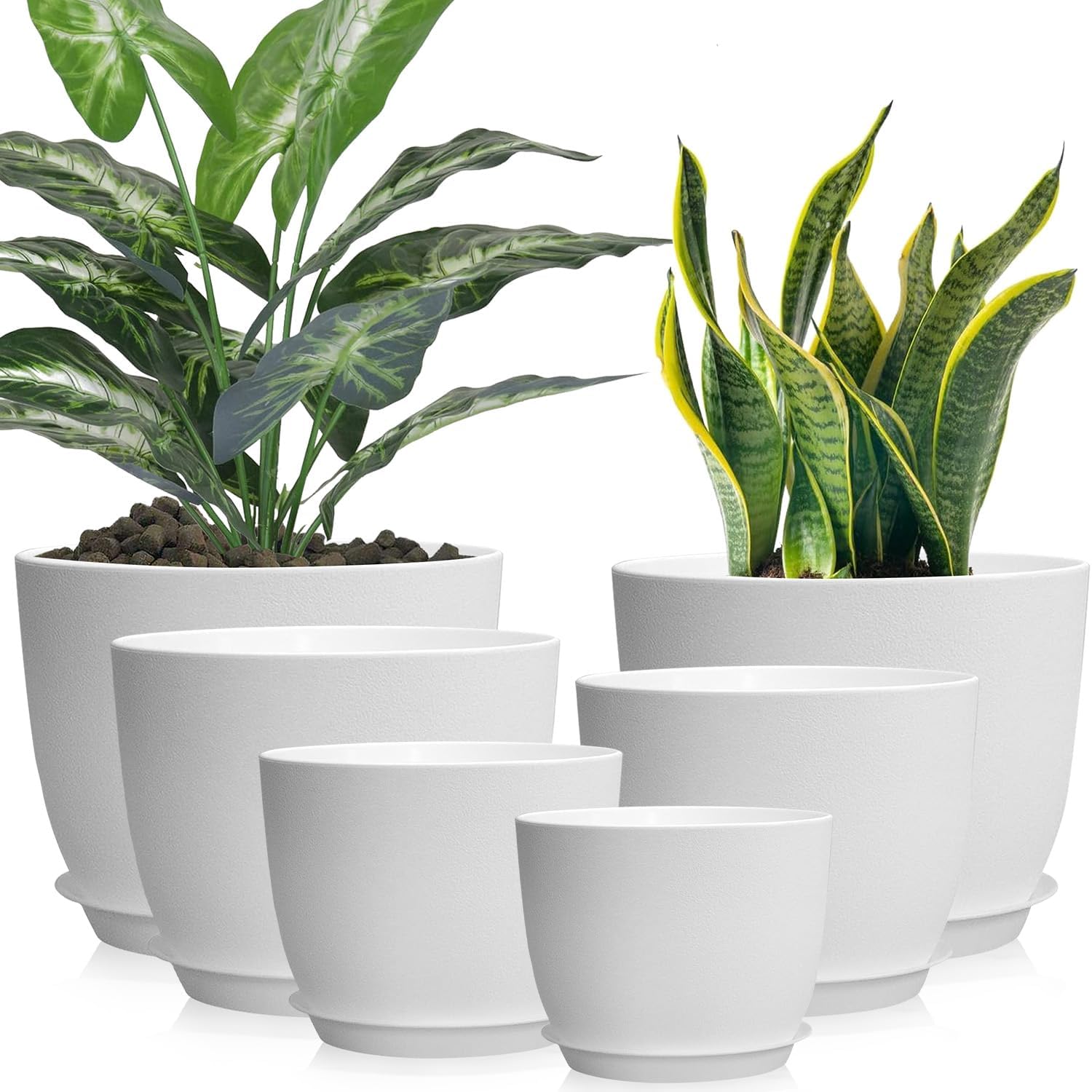 25/23/20/18/16/12cm Plant Pots Indoor 6 Pcs Large Indoor Plant Pot,Flower Pot House Plastic Plant Pots,Plant Pots Outdoor with Drainage Holes and Saucer for Plant Flower (White)
