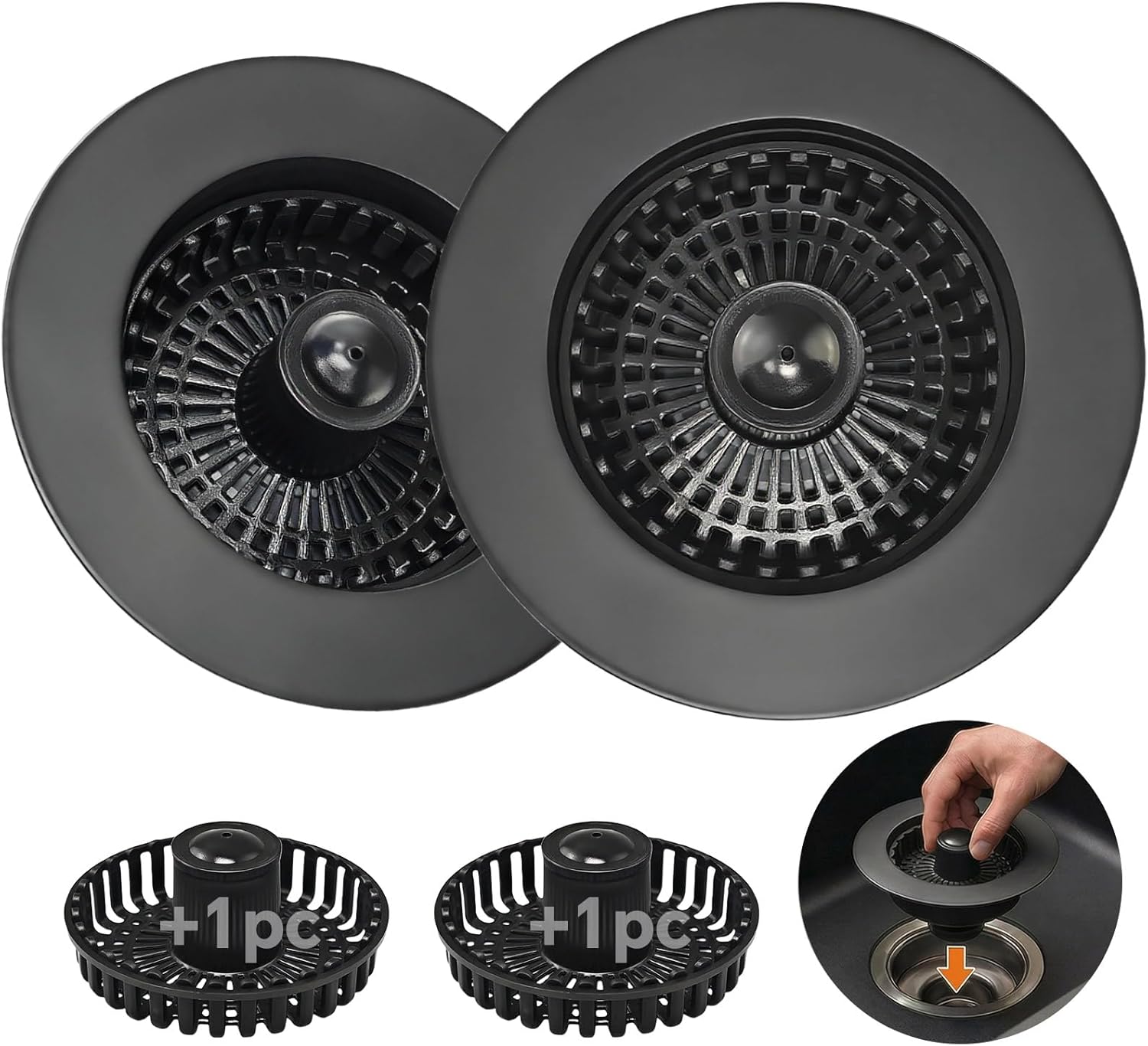 Kitchen Sink Stopper, 3 in 1 Pop Up Kitchen Sink Drain Strainer, with an Extra Basket Strainer, Sink Drain Stopper for US Standard 3-1/2 Inch, Brass Material Electroplate (Black 2pcs)