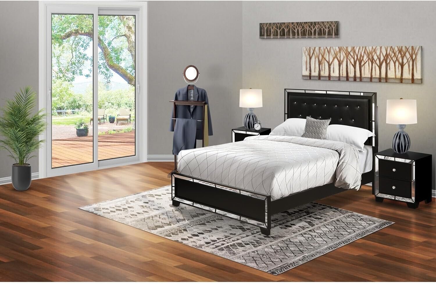 HomeStock Asian Bedroom Set - 3 Piece Bed Frame & Nightstands - Modern Black Faux Leather Headboard