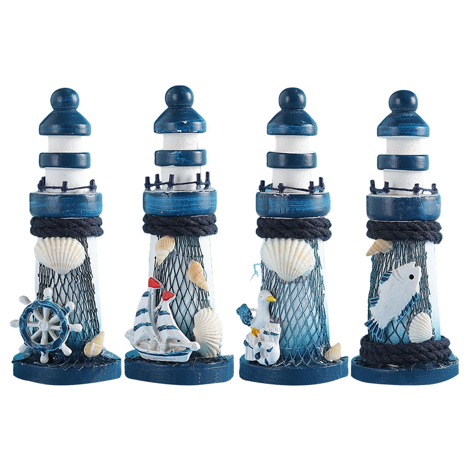 Decorazione per fari nautici, faro in legno,Ornamenti per fari di figurine mediterranee - Decorazione per fari in legno in miniatura, set di 4, ornamento per fari nautici, decorazioni da tavolo da