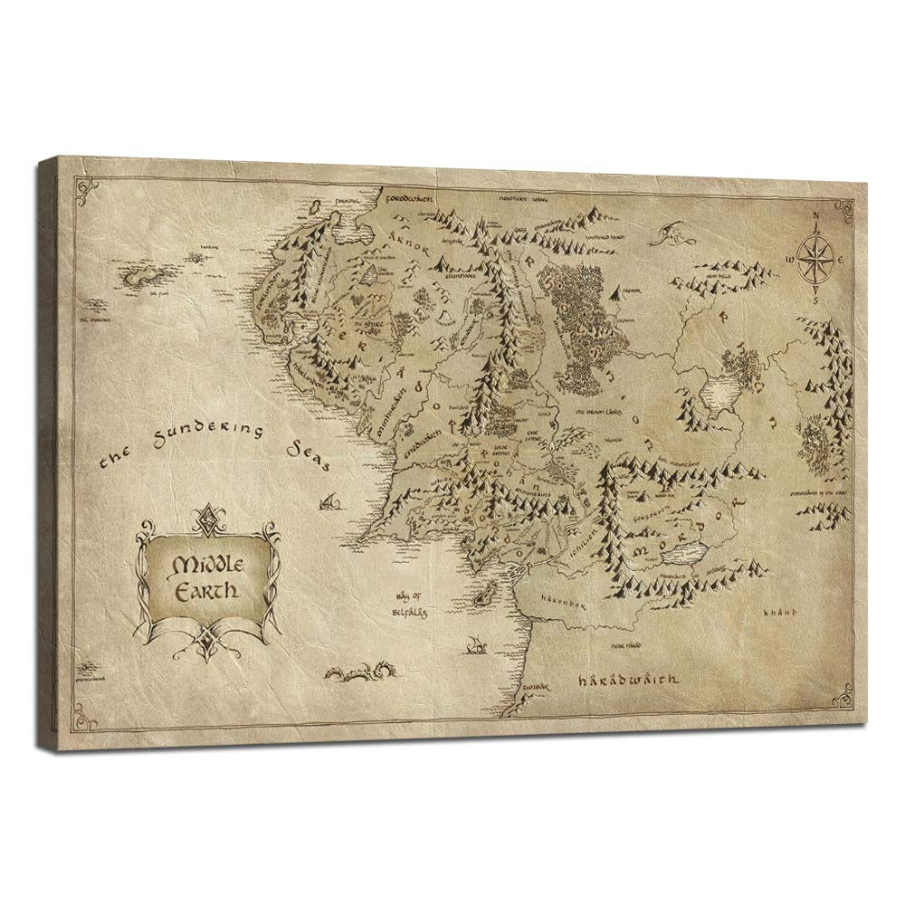 Yatsen Bridge 1 Piece Wall Art Picture Canvas Painting Map of Middle Earth Poster HD Print Home Decor Artwork for Living Room Bedroom Office Stretched and Framed Ready to Hang (24" Hx36 W)