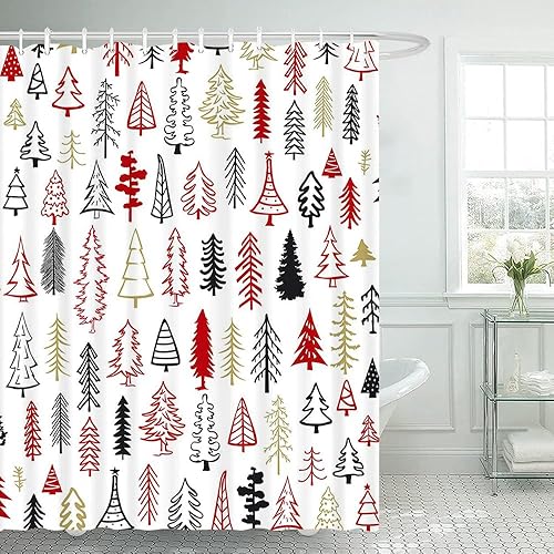 Miniatura 7 de Lofaris Cortina de ducha de árbol blanco y negro con diseño de pino de Navidad, Año Nuevo, decoración de baño, cortina de ducha de tela duradera