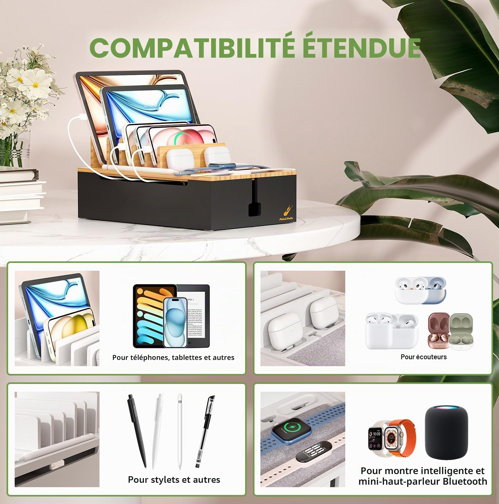 Pezin & Hulin Station de charge en bambou, organiseur d'appareils électroniques pour plusieurs appareils tels que téléphone portable, tablette, montre et plus encore, naturel + noir, (pas de chargeur