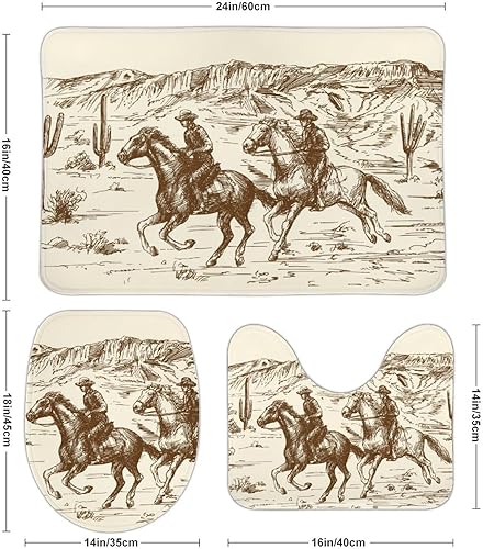 Miniatura 10 de American Wild West Cowboys - Juego de 3 alfombras de baño de terciopelo coral con temática de país occidental, antideslizante, absorbente, en forma