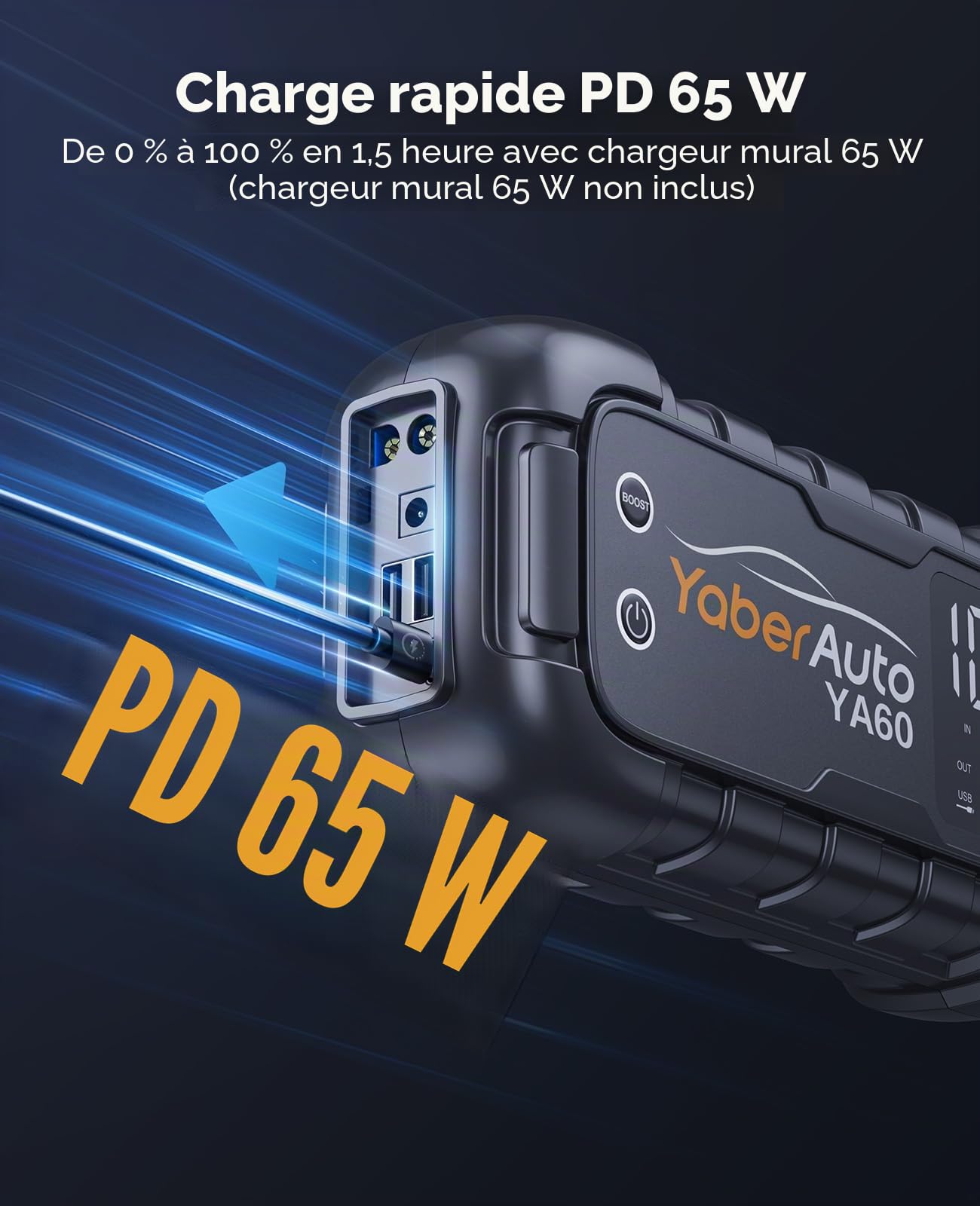 YaberAuto YA60 Batterie de démarrage, à charge rapide, 45 W, avec écran LCD de 3,3", lampe de poche LED 600 lumens, courant de crête 6000 A, pour voiture